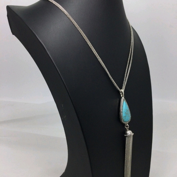 Lucky Brand Faux Turquoise Tassel Necklace 20" - Picture 3 of 5